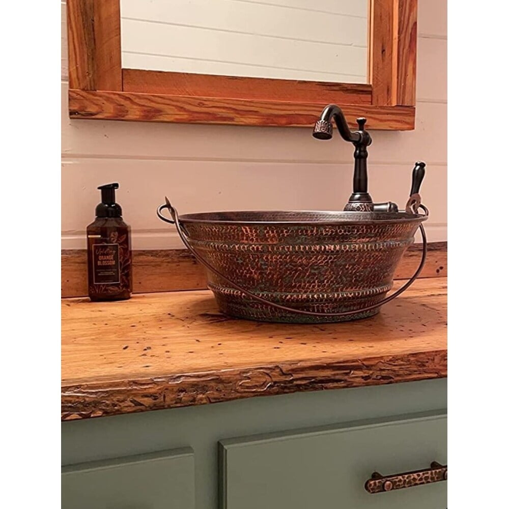 SimplyCopper 15" Round Copper Vessel Bathroom Bucket Sink with Handle
