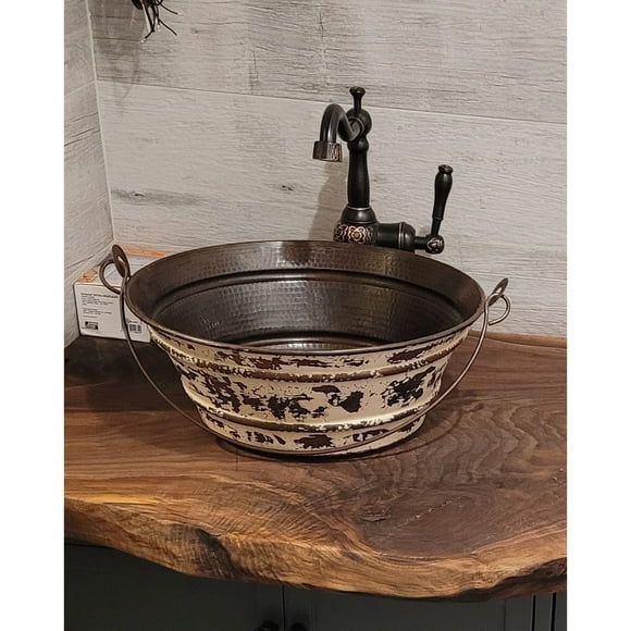 SimplyCopper 15" Round Copper Vessel Bathroom Sink with Distressed White Exterior - 15" x 15" x 6"