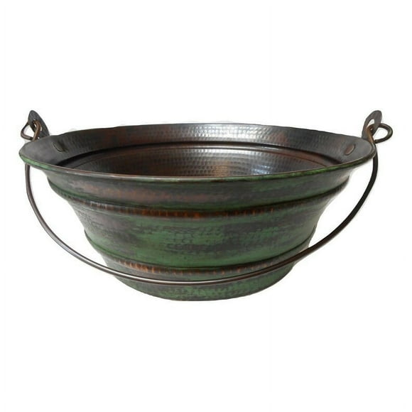SimplyCopper 15" Round Copper Vessel Bucket Bathroom Sink with Green Distressed Exterior - 15" X 15" X 6"