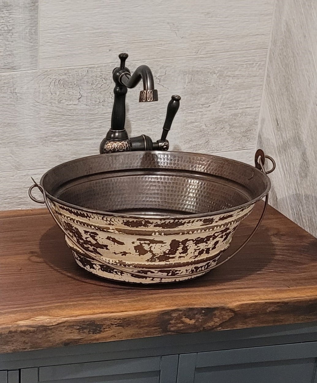 15" Round Copper Vessel Sink with Distressed Antique White Exterior