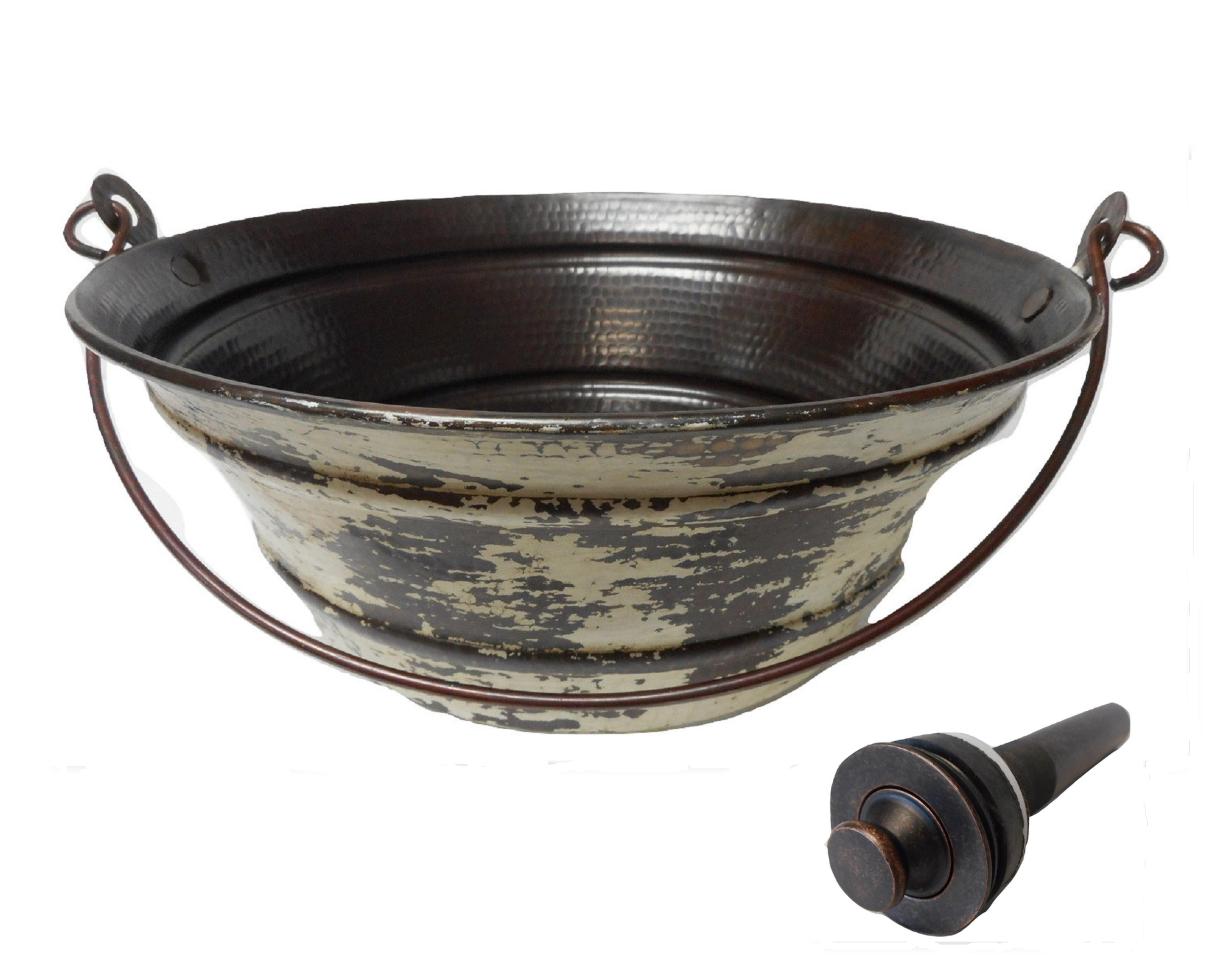 15" Round Copper Vessel Sink with Distressed Antique White Exterior