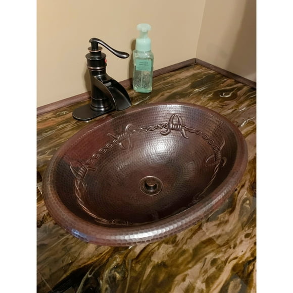 SimplyCopper 16" Oval Copper Bathroom Sink Drop In with Barbed Wire Design - 16" X 12" X 4.5"