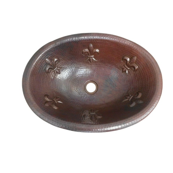 SimplyCopper 19" Oval Copper Bathroom Sink with Fleur de Lis Design- 19" x 14" x 5.5" - 19" x 14" x 5.5"