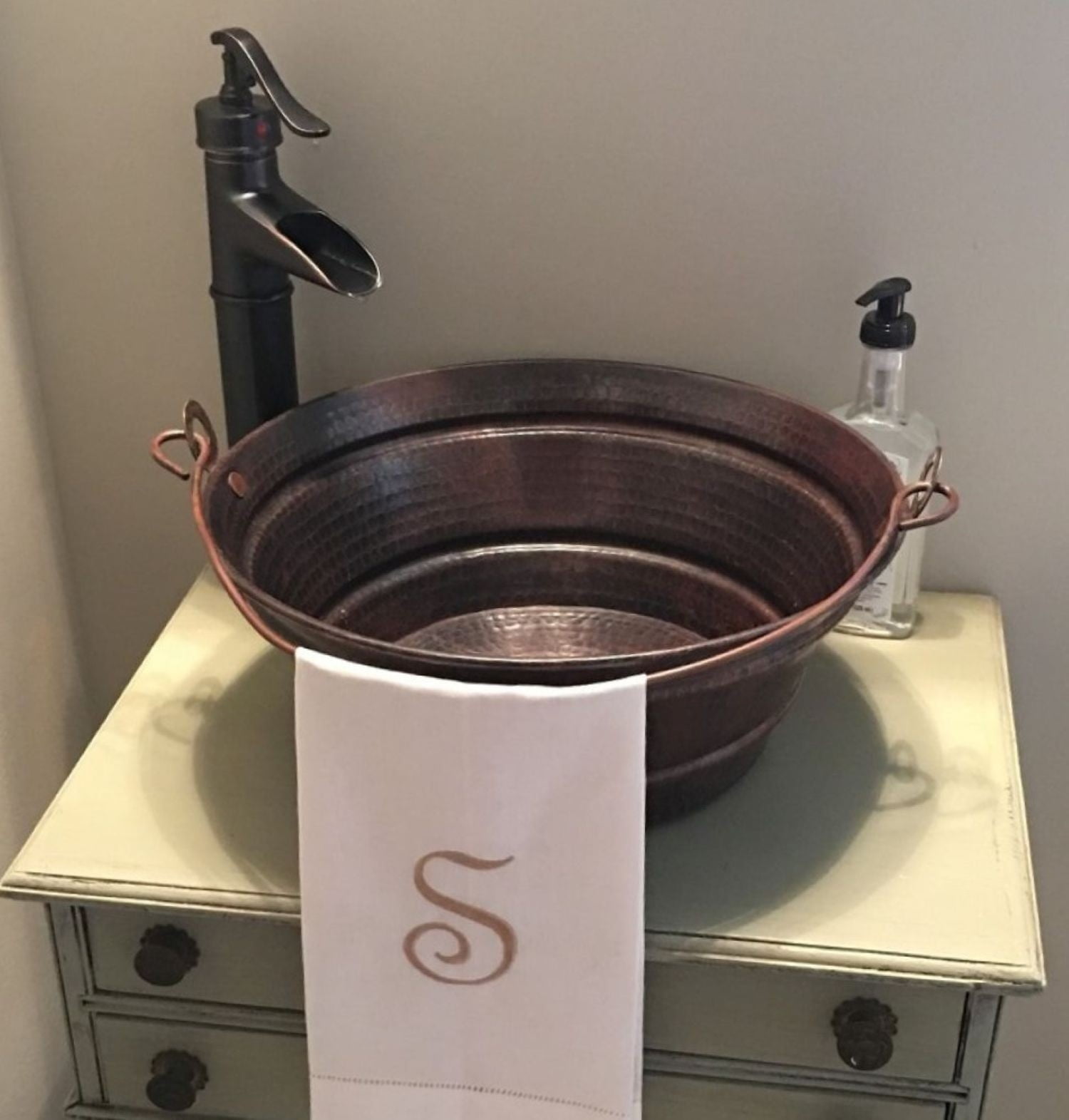15" Round Aged Copper Bucket Vessel Sink with Handles