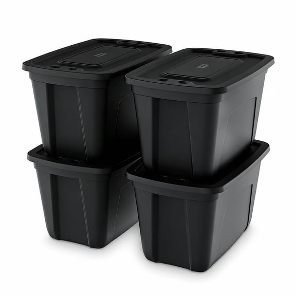 SimplyKleen 18-Gallon Stacking Plastic Storage Containers with Lids, Black Body/Black Lid (Pack of 4)