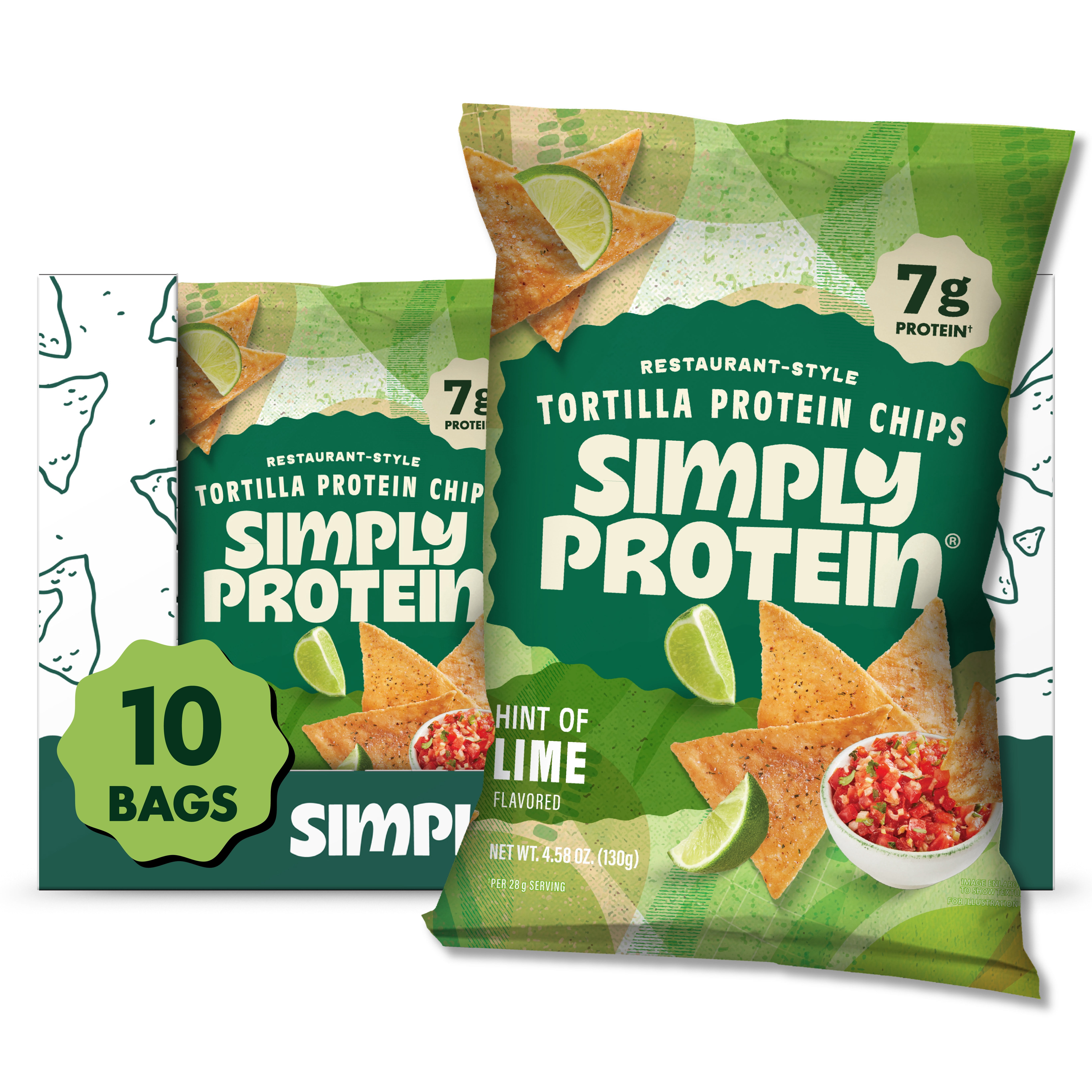 Simply Protein Tortilla Style Protein Chips, Hint of Lime, 7g Protein, Gluten Free, 10-pack, 4.58 oz per Bag