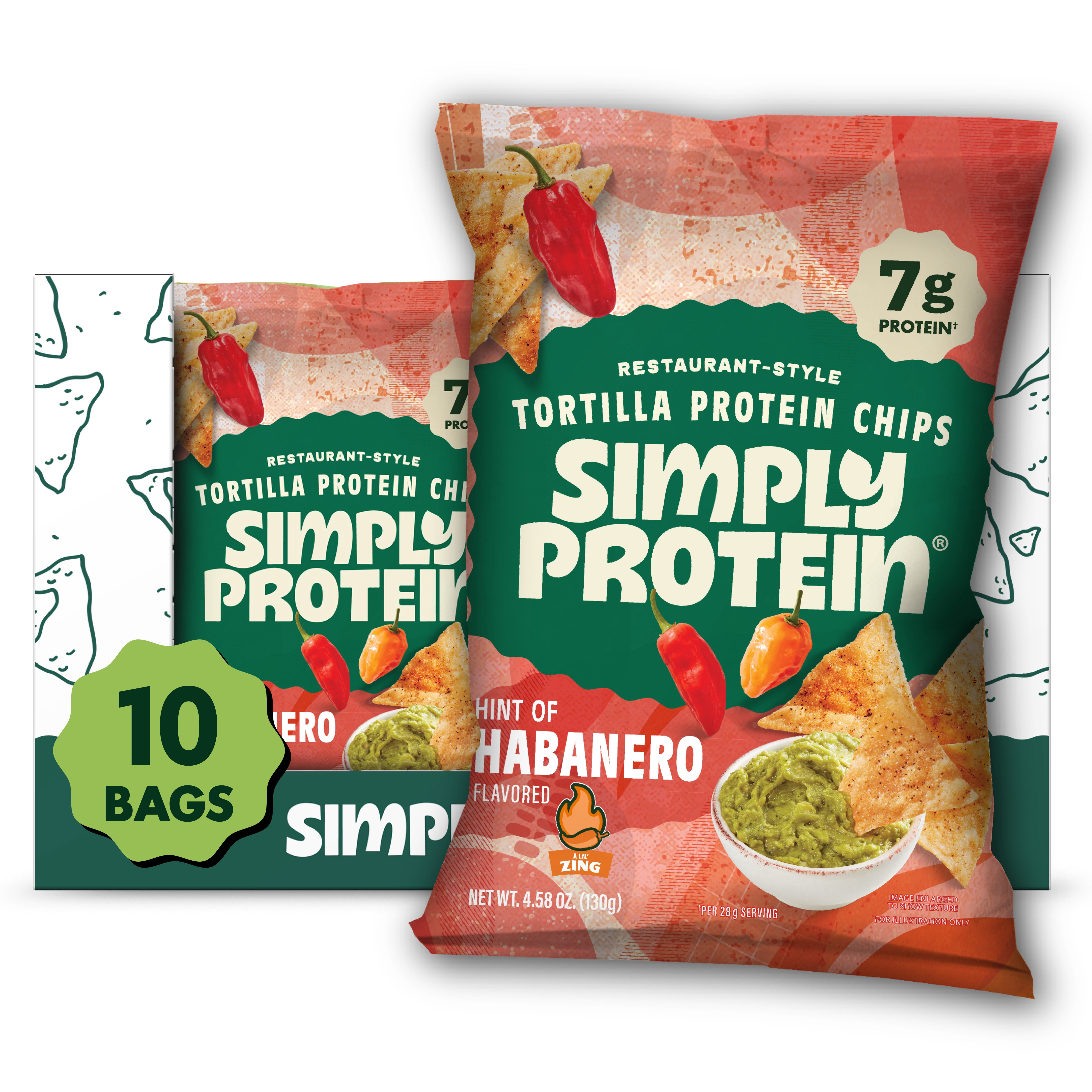 Simply Protein Tortilla Style Protein Chips, Hint of Habanero, 7g Protein, Gluten Free, 10-pack, 4.58 oz per Bag