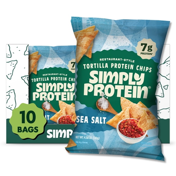 Simply Protein Tortilla Style Protein Chips, Sea Salt, 7g Protein, Gluten Free, 10-pack, 4.58 oz per Bag