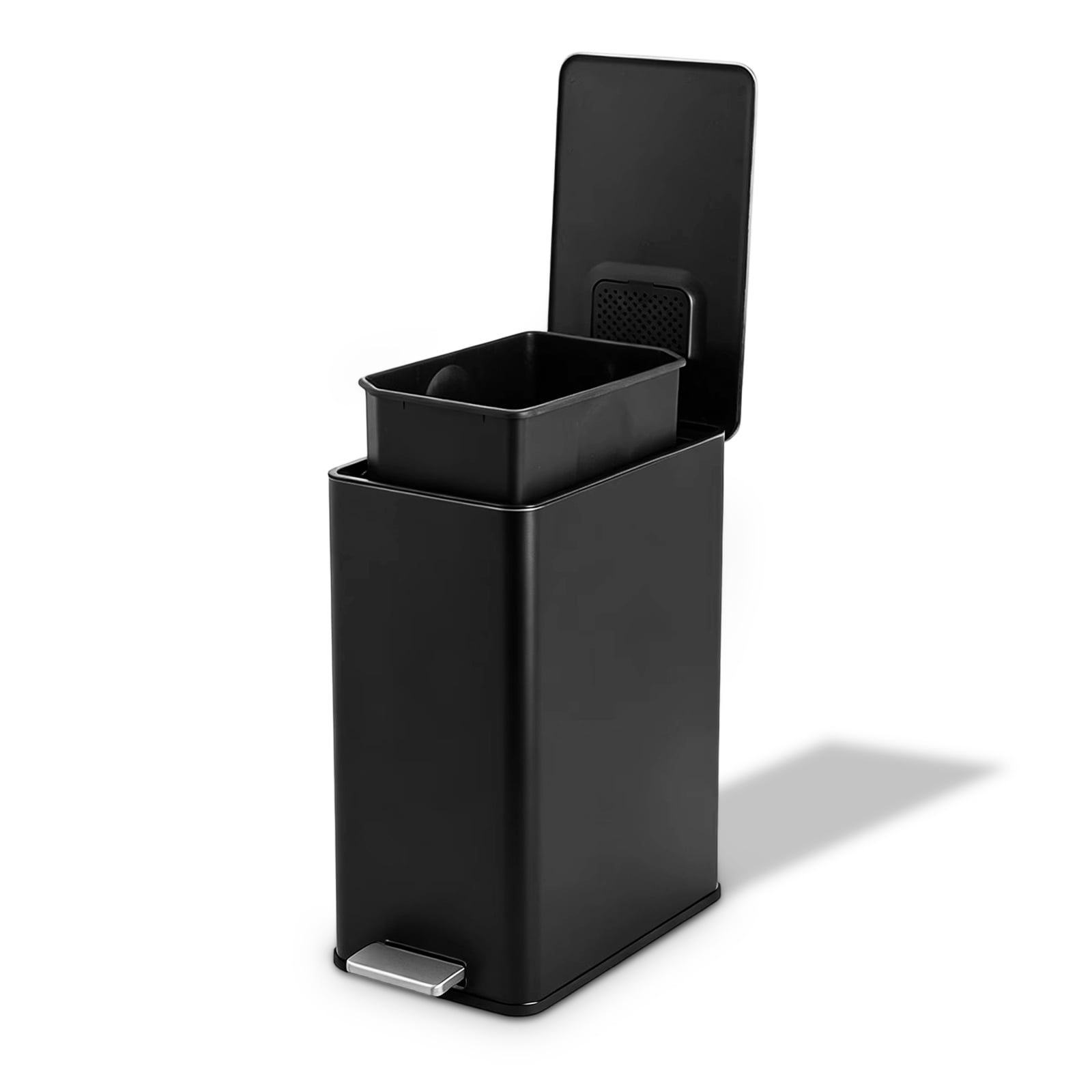 Simplykleen15L/4 Gallon Rectangular Step Trash Can Stainless Steel Garbage Can with Removable Inner Bucket For Kitchen Bathroom Office Black