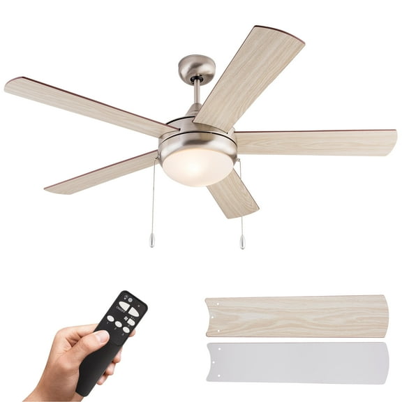 Simpol 52" Traditional Indoor Ceiling Fan with LED Light, Pull Chain and Remote Control, Reversible AC Motor, Walnut/Silver Reversible Blades and Brushed Nickel Finish