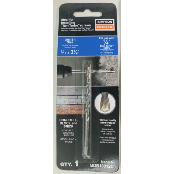 Simpson 3/16" X 3-1/2" Drill Bit Model No. Mdb18412C1