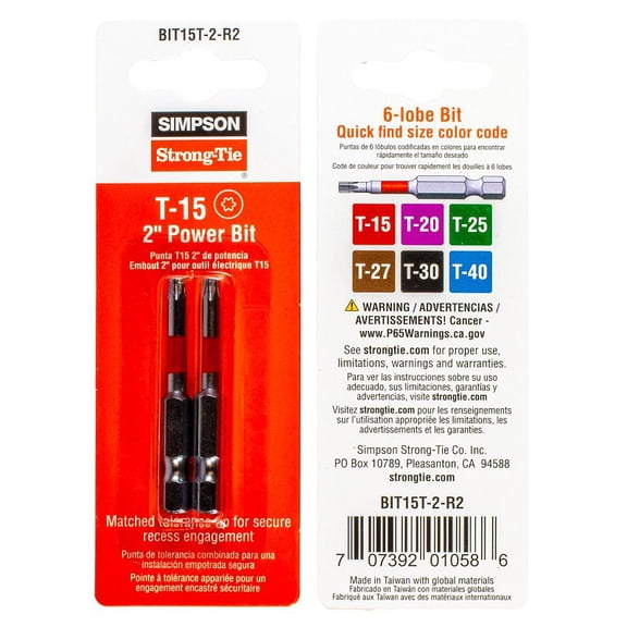 Simpson Strong-Tie BIT15T-2-R2 Driver Bit, T15 Drive, 6-Lobe Drive, 2 in L, Steel