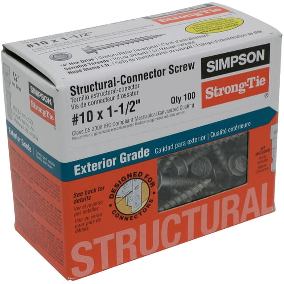 Simpson Strong-Tie SD10112R100 - #10 x 1-1/2 Inch Strong Drive SD Connector Screws - 1/4 Inch Hex Head, Galvanized Coating, Hex Bit Included, for Construction, Home Improvement (Box of 100)