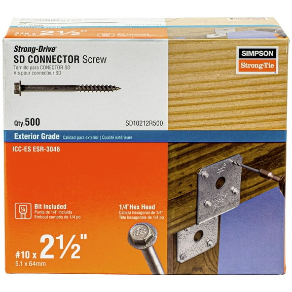 Simpson Strong-Tie SD10212R500 - #10 x 2-1/2 Inch Strong Drive SD Connector Screws - 1/4 Inch Hex Head, Galvanized Coating, Hex Bit Included, for Construction, Home Improvement Box of 500