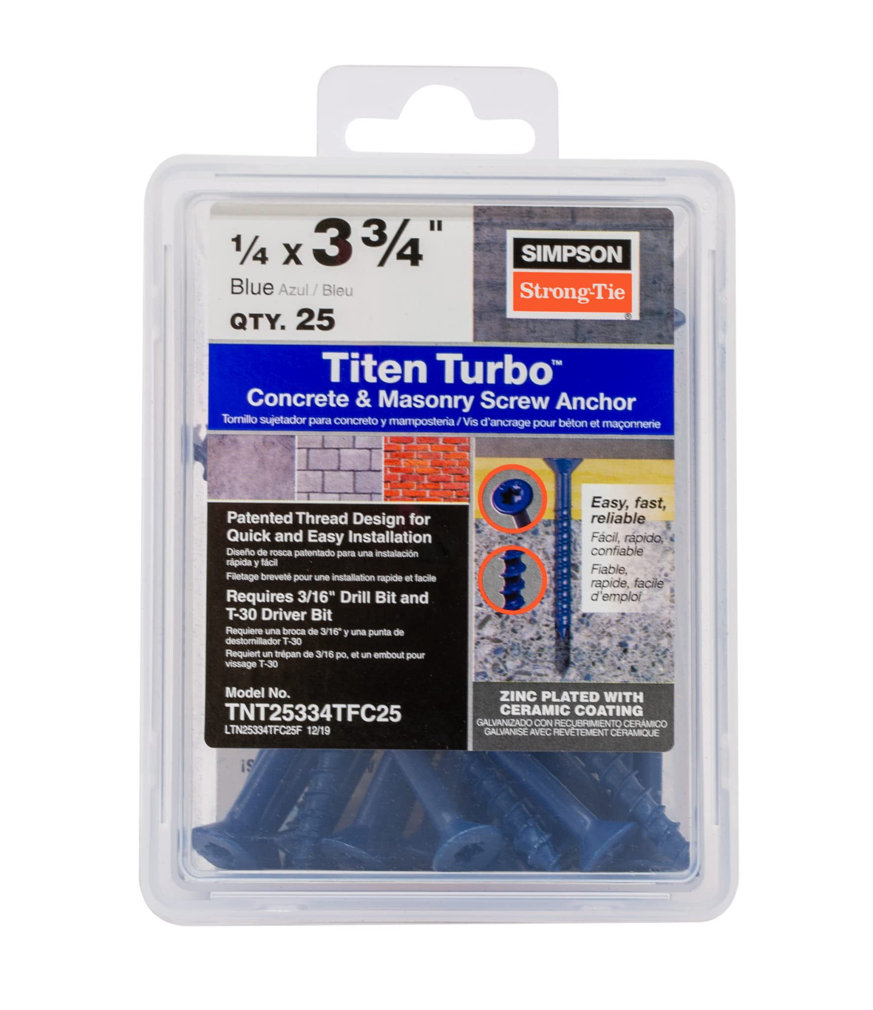 Simpson Strong-Tie TNT25334TFC25 Titen Turbo  1/4 in. x 3-3/4 in. 6-Lobe Flat-Head Concrete and Masonry Screw, Blue 25-Qty