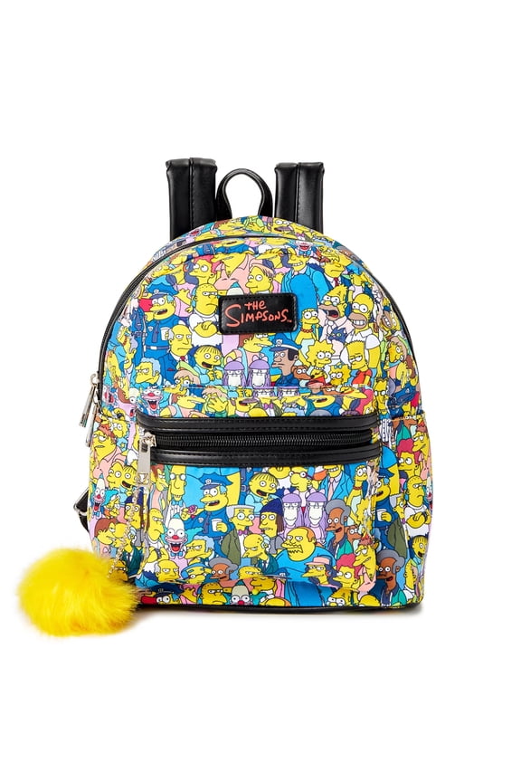Simpsons All Over Character Print Women's Mini Backpack With Pom Zipper Pull Wallet Tote Bag 11"