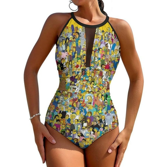 Simpsons One-Piece Swimwear Sexy Mesh Monokini Swimsuit with Detachable Padding Bathing Suit Swimdress XL