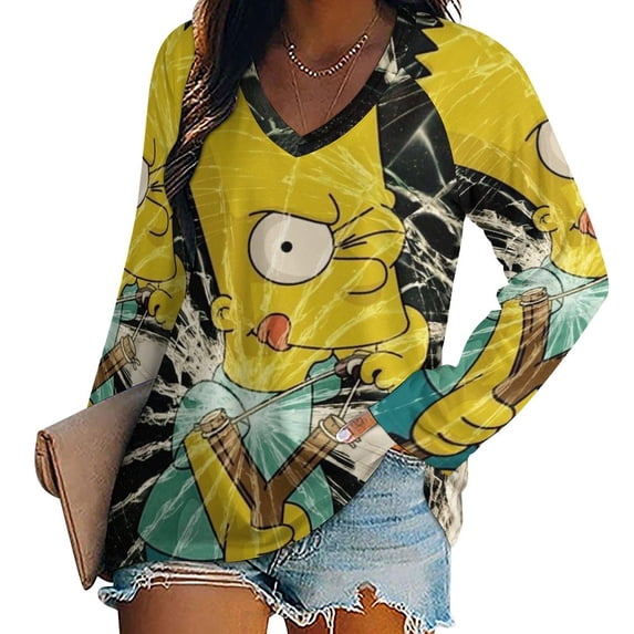 Simpsons Womens T Shirts V Neck Long Sleeve Tops Causal Loose Summer T-Shirts 5XL