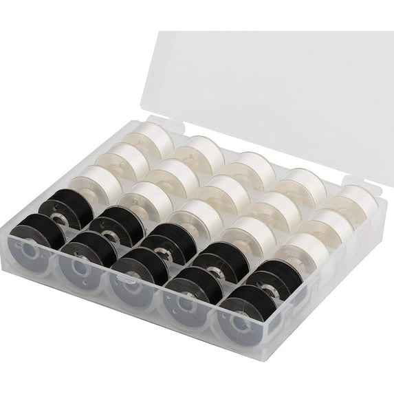 Simthread 25pcs 15White+10Black Prewound Bobbin Thread Size A Class 15 (SA156) 60WT with Clear Storage Plastic Case Box 70D/2 for Brother Embroidery Thread Sewing Thread Machine DIY
