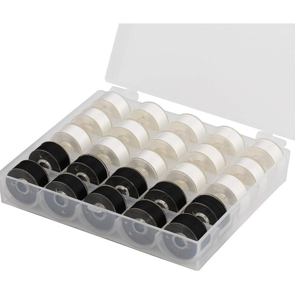 Simthread 25pcs 15White+10Black Prewound Bobbin Thread Size A Class 15 (SA156) 60WT with Clear Storage Plastic Case Box 70D/2 for Brother Embroidery Thread Sewing Thread Machine DIY