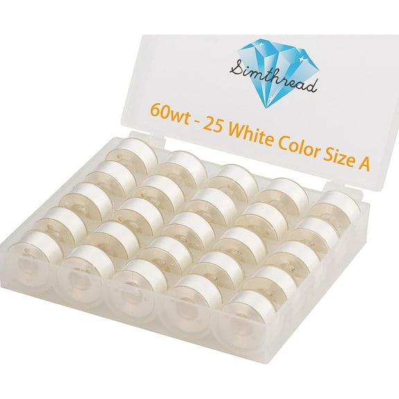 Simthread 25pcs White Prewound Bobbin Thread Size A Class 15 (SA156) 60WT with Clear Storage Plastic Case Box 70D/2 for Brother Embroidery Thread Sewing Thread Machine DIY