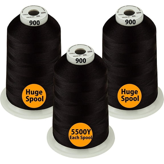 Simthread All Purpose Polyester Embroidery Machine Thread, 3 Huge Spool 5000M 5500Y for Sewing Embroidery Machines - Black