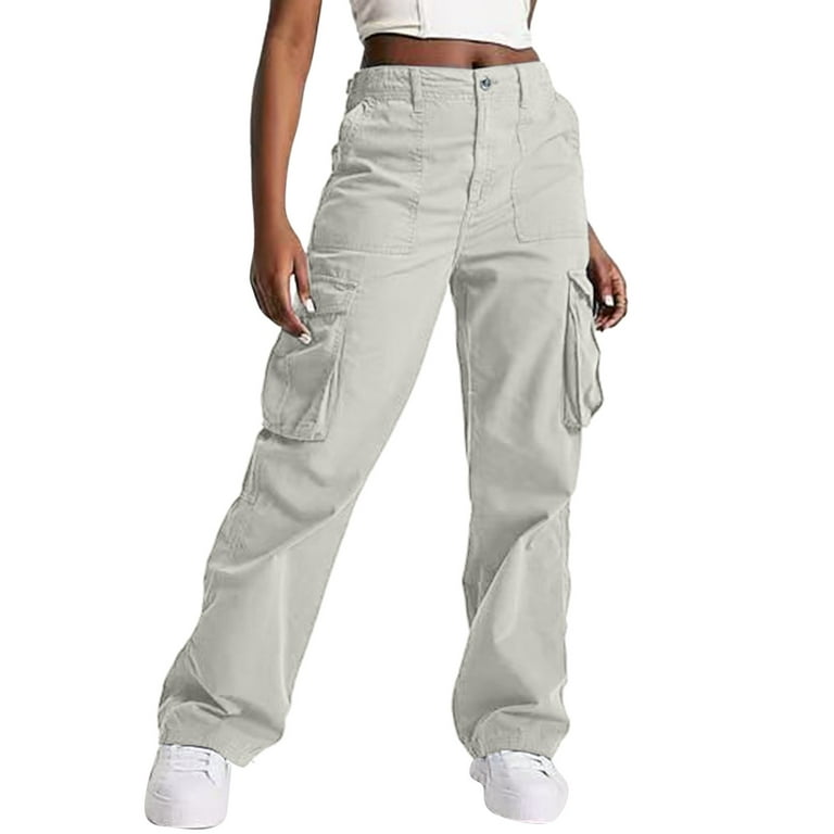 Simu Women's Casual Cargo Pants Woman Relaxed Fit Baggy Clothes Black Pants  High Waist Zipper Slim Drawstring Waist With Pockets Loose Plus Size