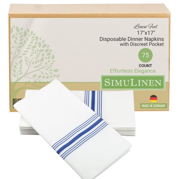 SimuLinen 17x17 Premium Cloth-like Dinner Napkin - Blue Bistro Stripe & Discreet Pocket - 75 Count