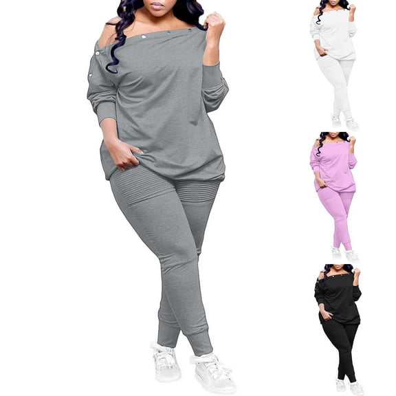 Simua 2 Piece Outfits for Women Solid Off Shoulder Button Long Sleeve Shirt and Pleated Bodycon Pants Sets Casual Plus Size Tracksuit