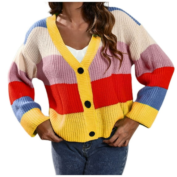 Simua 2024 Fall Fashion Women's Color Block Striped Button Knit Cardigans Long Sleeve Loose Sweaters Outerwear Coats