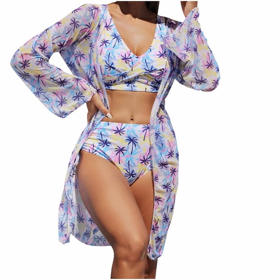 Simua 2025 Women's 3 Pcs Tummy Control Swimsuit Printed Flowy Long Sleeve Robe Cover Ups Paded Bikini Shorts Swimwear for Beach Pool Party
