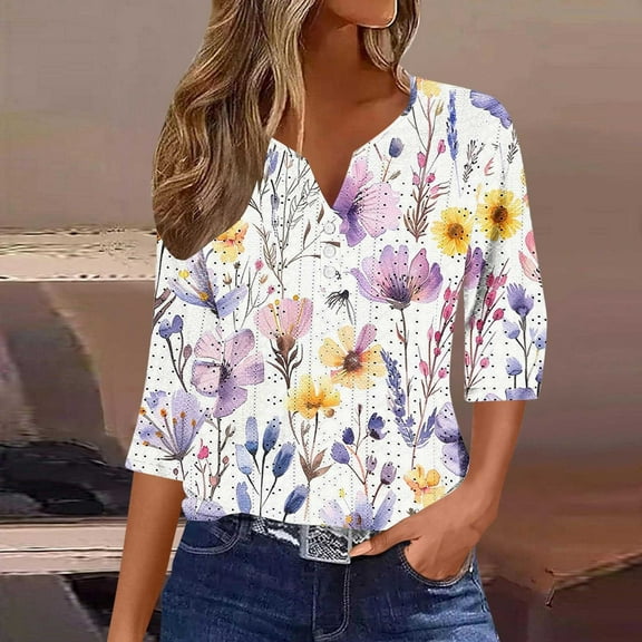 Simua 3/4 Length Sleeve Eyelet Tops for Women Casual Floral Printed V Neck Button Down Blouse Shirts