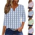 thumbnail image 1 of Simua 3/4 Length Sleeve Tops for Women Casual Plaid Printed Eyelet Henley V Neck Blouse Work Shirts, 1 of 5