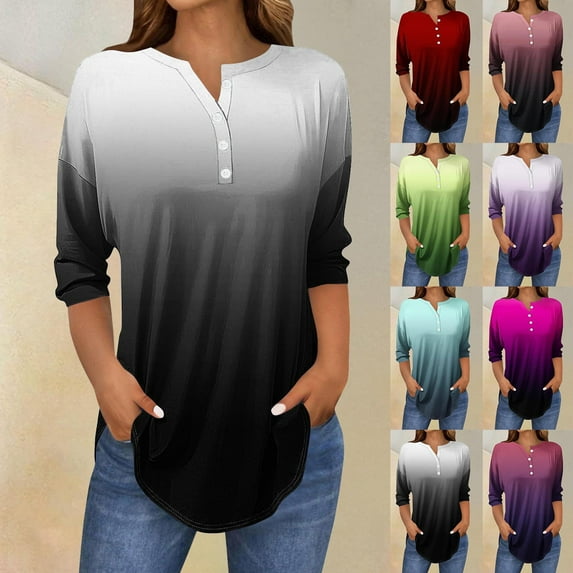 Simua 3/4 Sleeve Tops for Women Casual Button V Neck T Shirts Gradient Color Work Blouse Shirt for Women