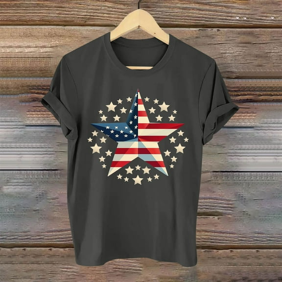 Simua American Flag T Shirt Women USA Star Stripes Fourth July Tee Shirts Casual Print Round Neck Tee Tops