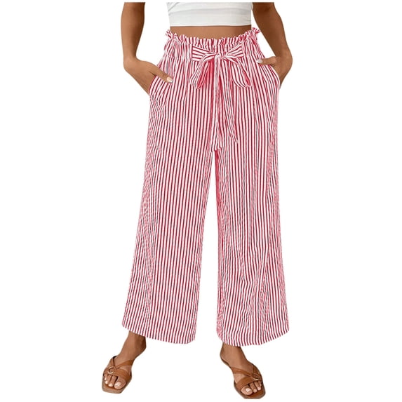 Simua Baggy Pants for Women Fashion Striped Print Elastic Waist Drawstring Wide Leg Business Pants