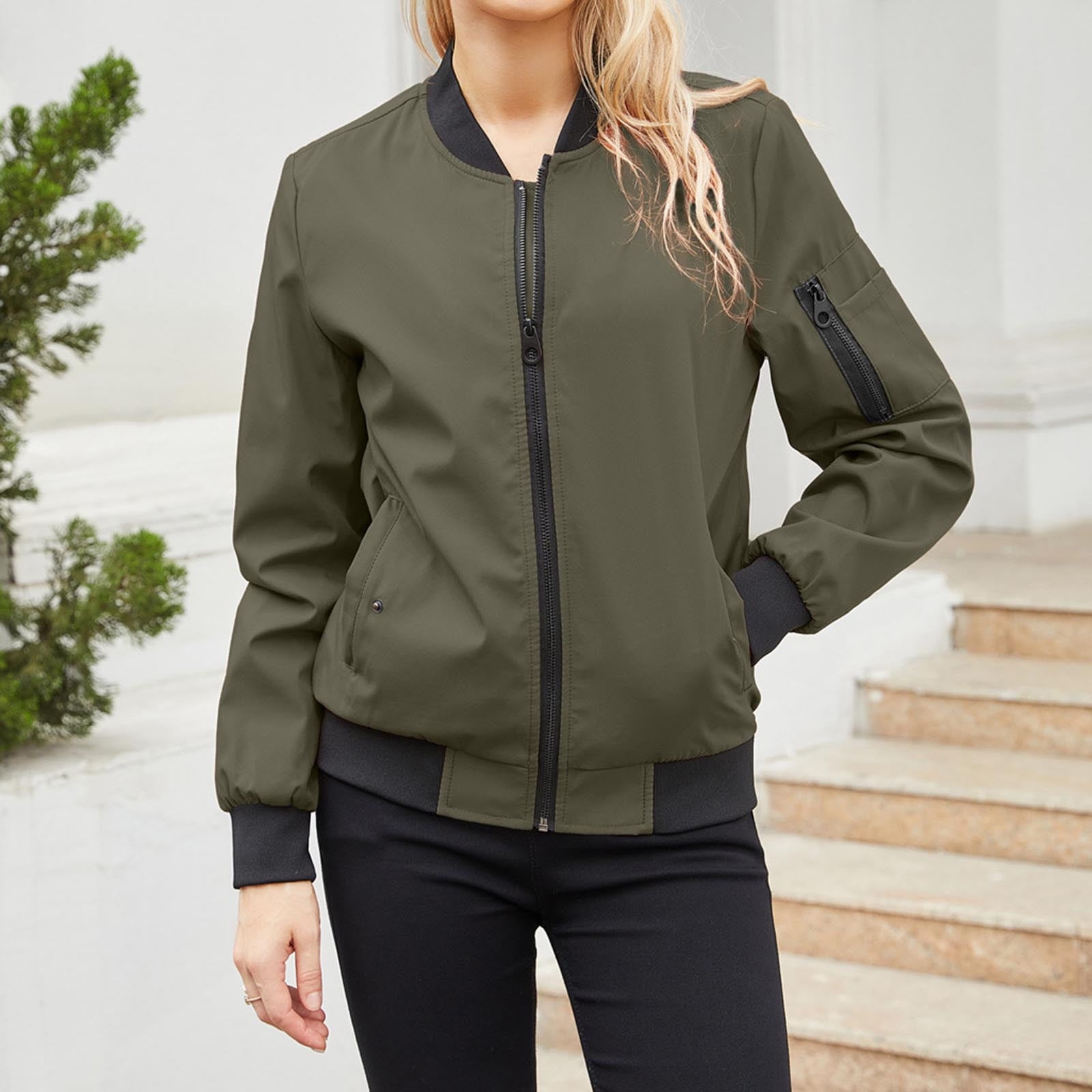 Simua Bomber Jacket Women 2024 Causal Zip Up Coats Long Sleeve Stand