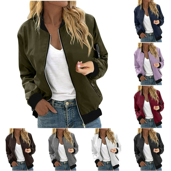 Simua Bomber Jacket for Women Zip Up Trendy Casual Long Sleeve Outerwear Coat Fall Clothes with 3 Zip Pockets