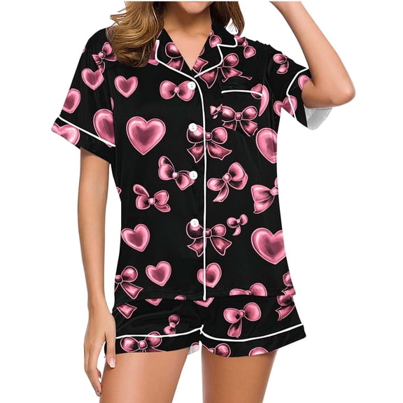 Simua Button Dowm Pajamas for Women, Women's Fashionable Valentine's Day Print Short Sleeved Lapel Shirts with Shorts Summer Soft Home Wear Set, Size S-XXL