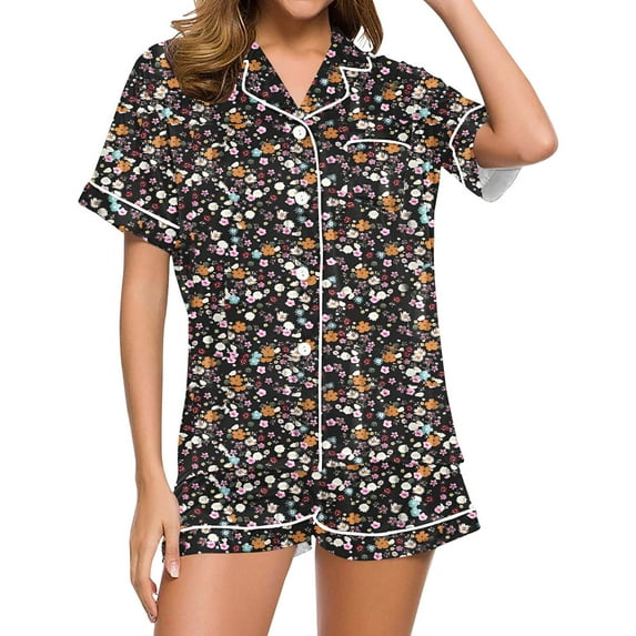 Simua Button Dowm Pajamas for Women, Women's Fashionable Print Short Sleeved Lapel Shirts with Shorts Summer Soft Home Wear Set, Size S-XXL