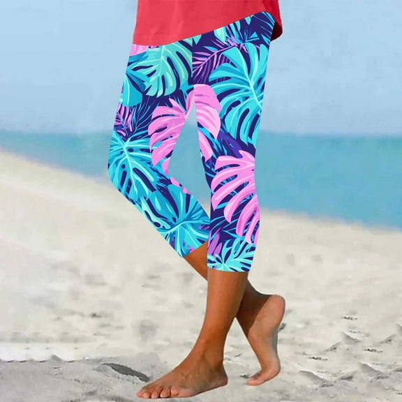 Simua Capri Leggings for Women Summer Beach Printed High Waist Knee Length Slim Fit Yoga Cropped Pants