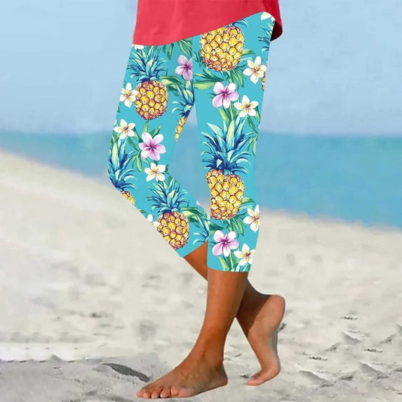 Simua Capri Leggings for Women Summer Beach Printed High Waist Knee Length Slim Fit Yoga Cropped Pants