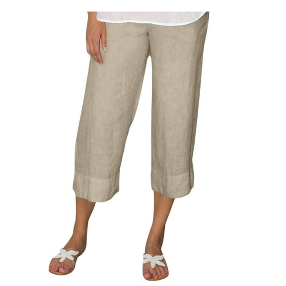 Simua Capri Pants for Women High Waisted Wide Leg Linen Palazzo Trousers Pull On Elastic Smock Waist Loose Flowy Pants