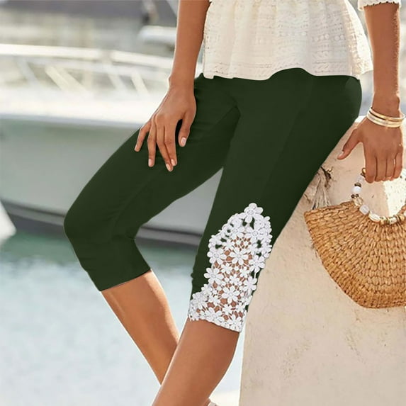 Simua Capri Pants for Women Sexy Lace Patchwork Elastic Waist Slim Fit Cropped Pants