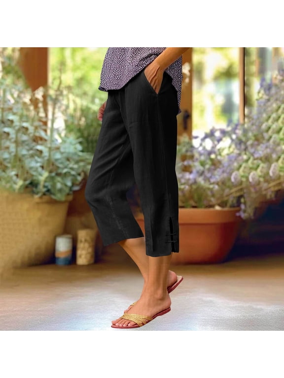 Capri Pants for Women Summer Casual Solid Color Elastic Waist Side Split Cropped Trousers