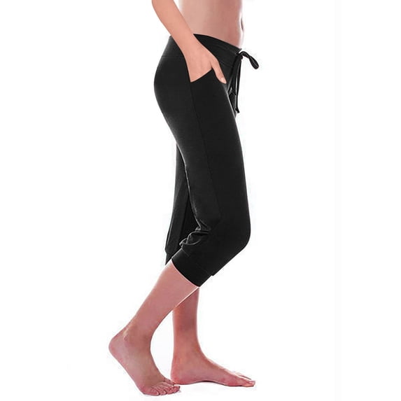 Simua Capri Yoga Pants for Women with Pockets Soid Color Elastic Waist Drawstring Workout Cropped Leggings