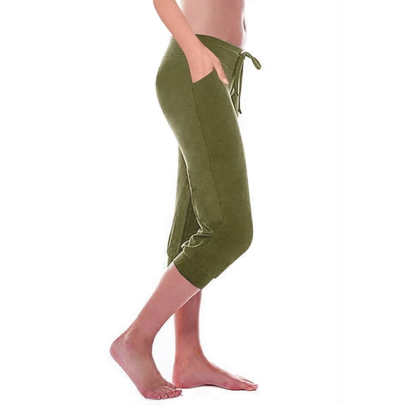 Simua Capri Yoga Pants for Women with Pockets Soid Color Elastic Waist Drawstring Workout Cropped Leggings
