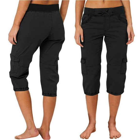 Simua Cargo Capri Pants for Women Elastic Waisted Relaxed Fit Roll Cropped Trousers with Pockets