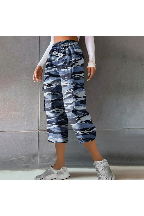 Cargo Capris for Women Camouflage Elastic Waist Casual Beach Cropped Pants with Pockets