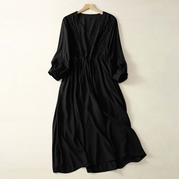 Simua Casual Dresses for Women Classic Solid Color Pleated Long Sleeve Lace Up Loose Long Dress